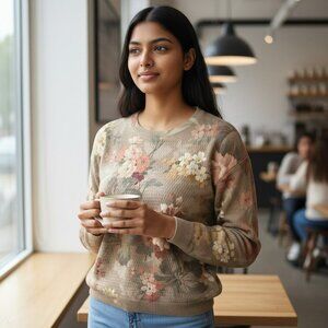 Mardel Handcrafted Womens Small Beige Floral Round Neck Sequin Sweater Size S